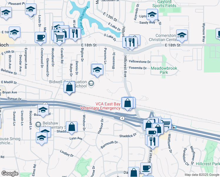 map of restaurants, bars, coffee shops, grocery stores, and more near 2246 Renwick Lane in Antioch