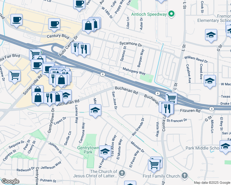 map of restaurants, bars, coffee shops, grocery stores, and more near 1746 San Jose Drive in Antioch