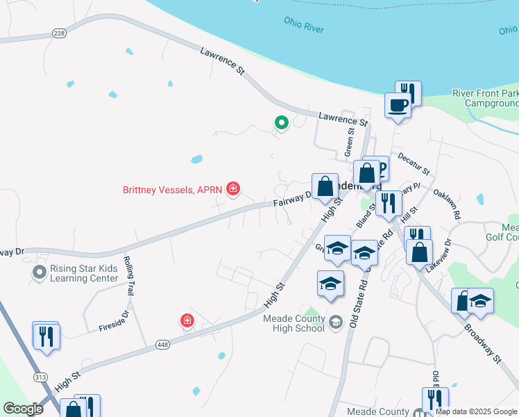 map of restaurants, bars, coffee shops, grocery stores, and more near Hillcrest Dr in Brandenburg