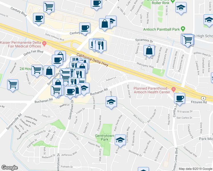 map of restaurants, bars, coffee shops, grocery stores, and more near 2607 Fairmont Lane in Antioch