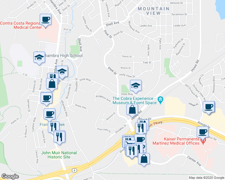 map of restaurants, bars, coffee shops, grocery stores, and more near 305 Vista Way in Martinez