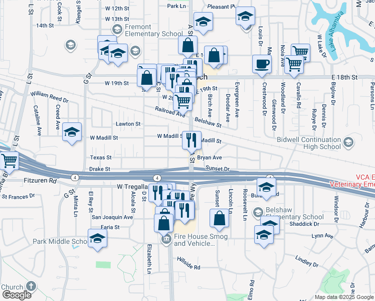 map of restaurants, bars, coffee shops, grocery stores, and more near 2414 A Street in Antioch