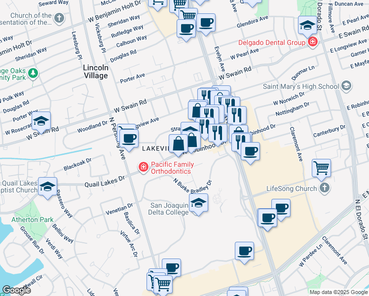 map of restaurants, bars, coffee shops, grocery stores, and more near 1111 West Robinhood Drive in Stockton