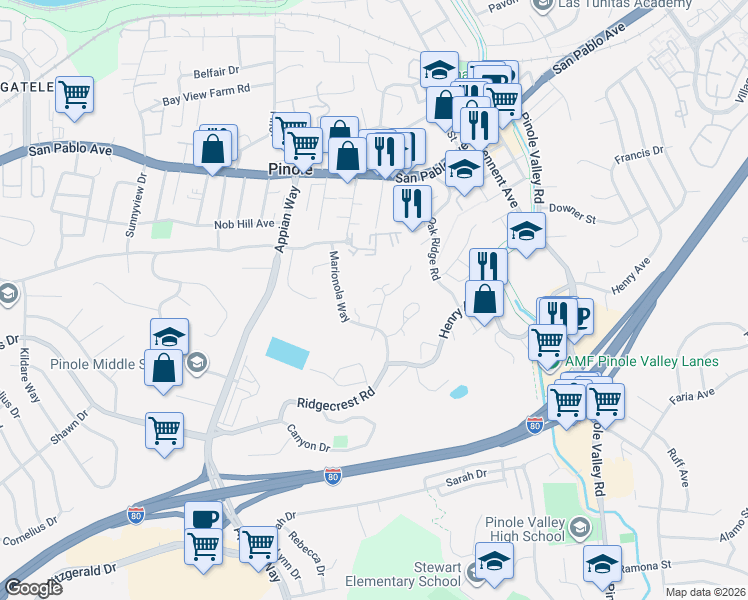 map of restaurants, bars, coffee shops, grocery stores, and more near 1824 Tesoro Court in Pinole