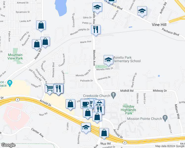 map of restaurants, bars, coffee shops, grocery stores, and more near 272 Morello Avenue in Martinez