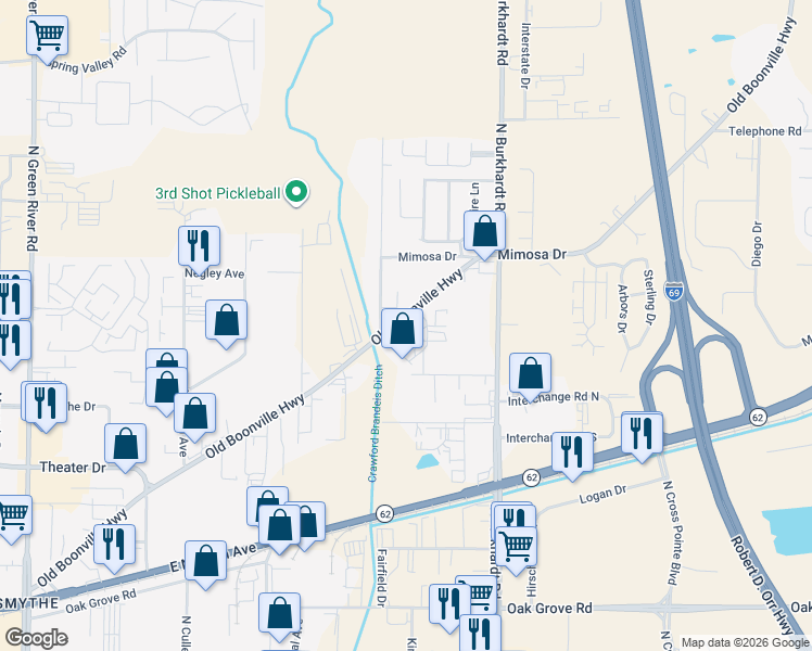 map of restaurants, bars, coffee shops, grocery stores, and more near 6013 Old Boonville Highway in Evansville