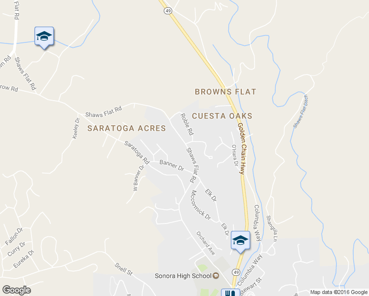 map of restaurants, bars, coffee shops, grocery stores, and more near 1160 Shaws Flat Road in Sonora