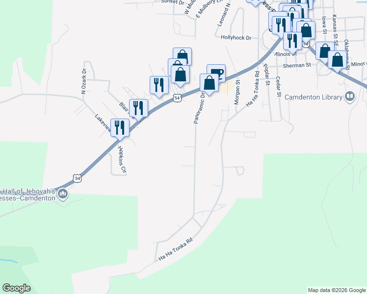 map of restaurants, bars, coffee shops, grocery stores, and more near 114 Rustic Place in Camdenton