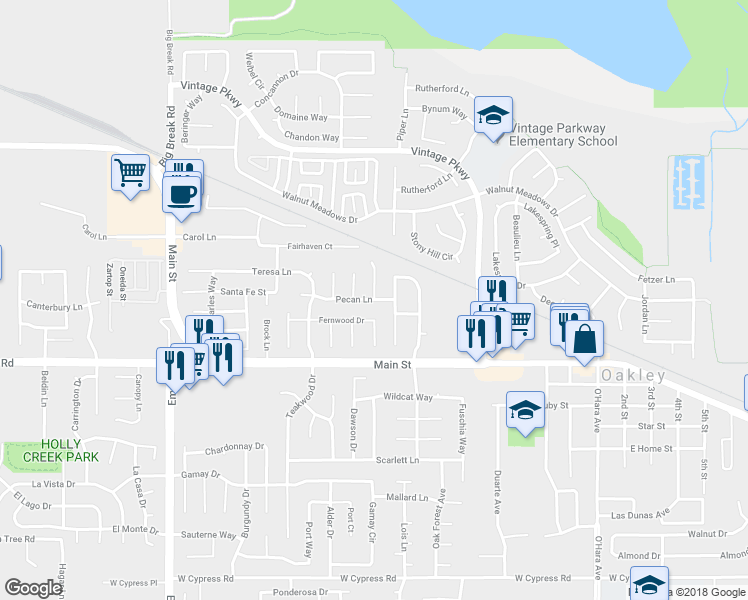map of restaurants, bars, coffee shops, grocery stores, and more near Pecan Ln & Ironwood Ln in Oakley