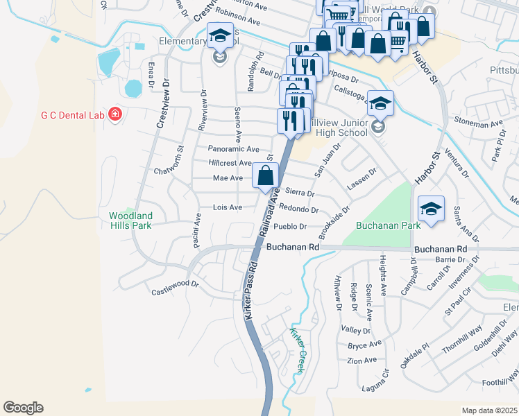 map of restaurants, bars, coffee shops, grocery stores, and more near 4150 Railroad Avenue in Pittsburg