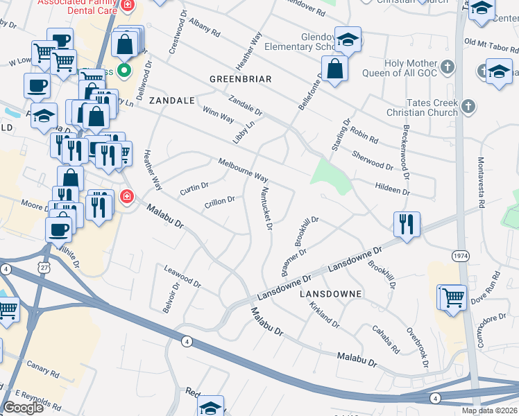 map of restaurants, bars, coffee shops, grocery stores, and more near 3320 Bellefonte Drive in Lexington