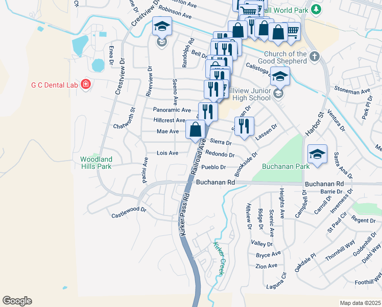 map of restaurants, bars, coffee shops, grocery stores, and more near 265 Ramona Street in Pittsburg