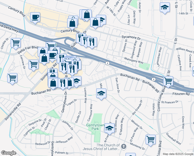 map of restaurants, bars, coffee shops, grocery stores, and more near 2609 Fairmont Lane in Antioch