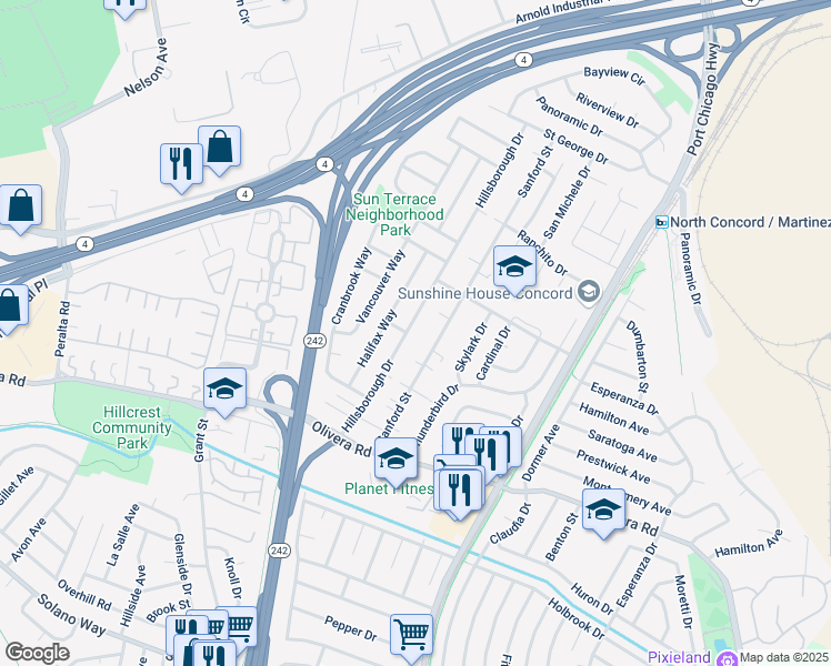map of restaurants, bars, coffee shops, grocery stores, and more near 3533 Hillsborough Drive in Concord
