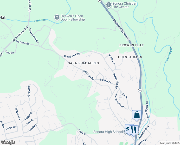 map of restaurants, bars, coffee shops, grocery stores, and more near 20790 Saratoga Road in Sonora