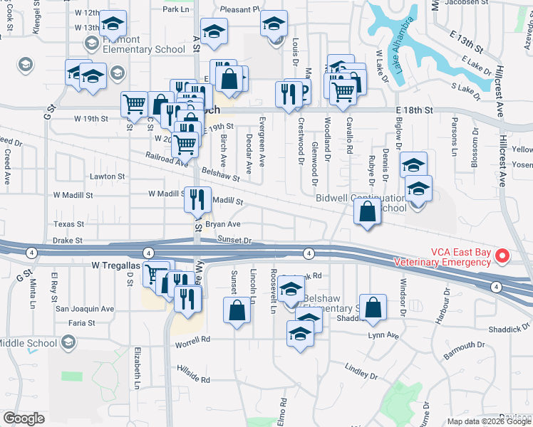 map of restaurants, bars, coffee shops, grocery stores, and more near 49 Bryan Avenue in Antioch