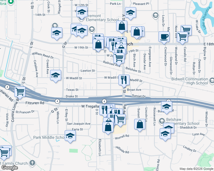 map of restaurants, bars, coffee shops, grocery stores, and more near 220 Texas Street in Antioch