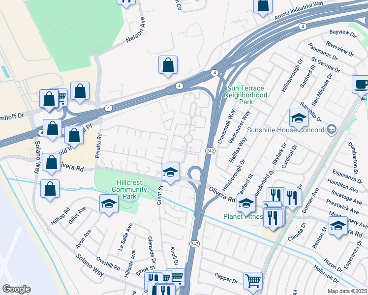 map of restaurants, bars, coffee shops, grocery stores, and more near 3205 Northwood Drive in Concord