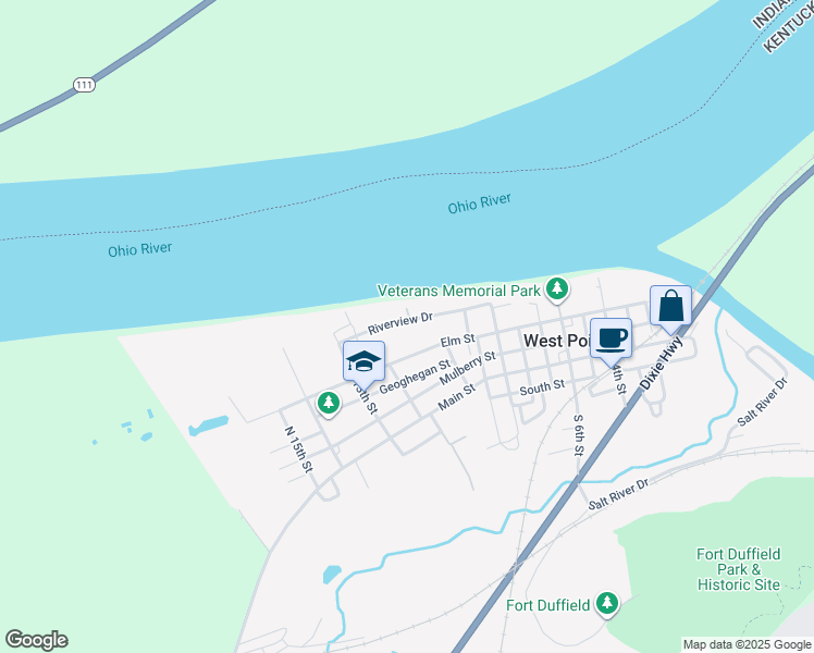 map of restaurants, bars, coffee shops, grocery stores, and more near 1124 Elm Street in West Point