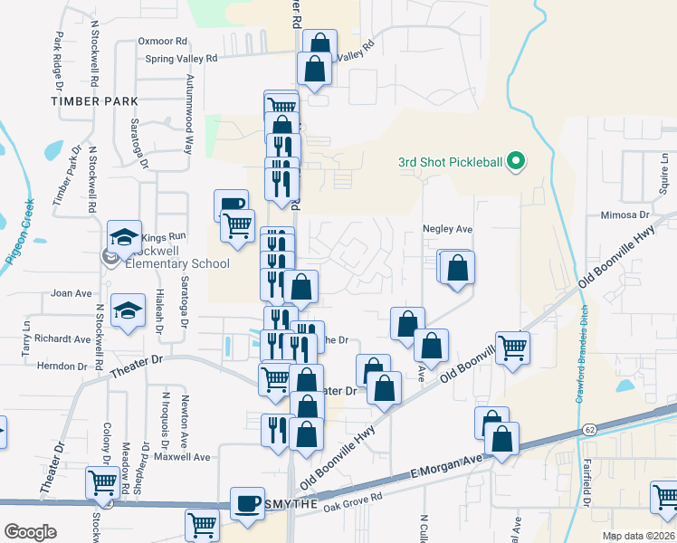 map of restaurants, bars, coffee shops, grocery stores, and more near 5004 Southlake Drive in Evansville