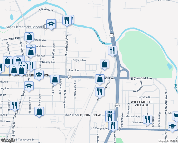 map of restaurants, bars, coffee shops, grocery stores, and more near 1126 East Diamond Avenue in Evansville
