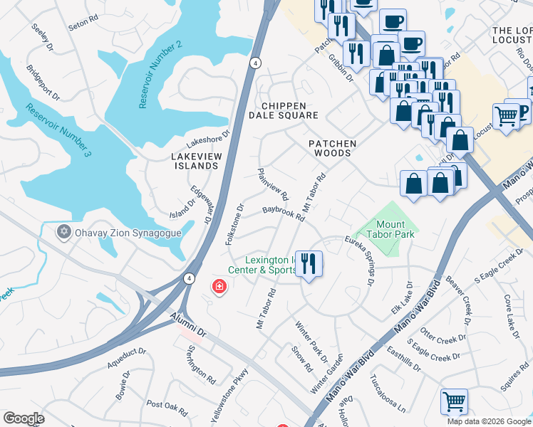 map of restaurants, bars, coffee shops, grocery stores, and more near 2787 Lockhurst Road in Lexington