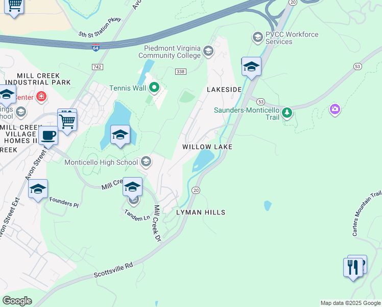 map of restaurants, bars, coffee shops, grocery stores, and more near 1399 Willow Lake Drive in Charlottesville