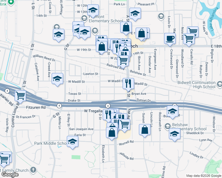 map of restaurants, bars, coffee shops, grocery stores, and more near 220 Texas Street in Antioch