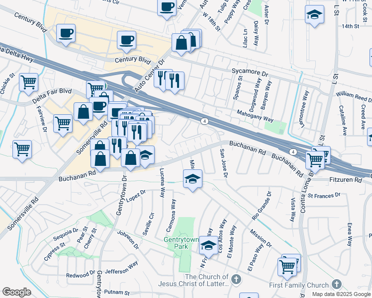 map of restaurants, bars, coffee shops, grocery stores, and more near 2608 Nevada Lane in Antioch