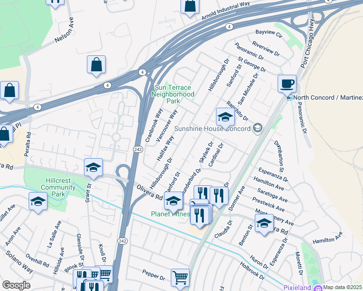 map of restaurants, bars, coffee shops, grocery stores, and more near 3533 Hillsborough Drive in Concord