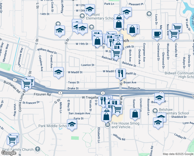 map of restaurants, bars, coffee shops, grocery stores, and more near 241 Rossi Avenue in Antioch