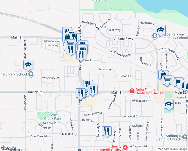 map of restaurants, bars, coffee shops, grocery stores, and more near 1869 Santa Fe Street in Oakley