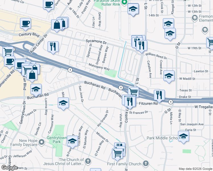 map of restaurants, bars, coffee shops, grocery stores, and more near 1228 Buchanan Road in Antioch