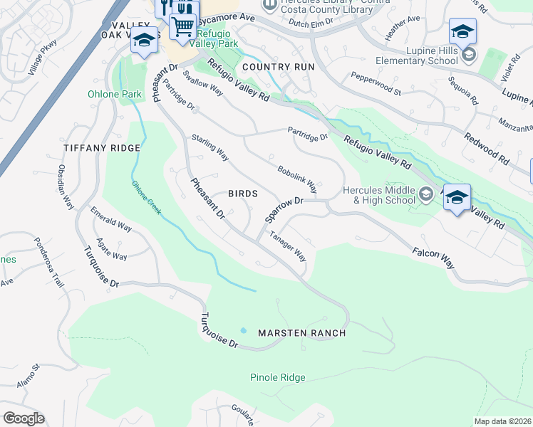 map of restaurants, bars, coffee shops, grocery stores, and more near 424 Sparrow Drive in Hercules