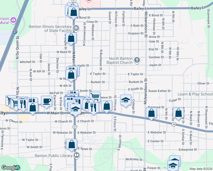 map of restaurants, bars, coffee shops, grocery stores, and more near 401-413 E Smith St in Benton