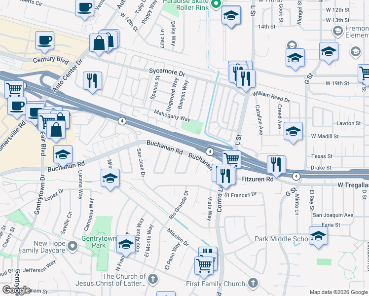 map of restaurants, bars, coffee shops, grocery stores, and more near 1228 Buchanan Road in Antioch