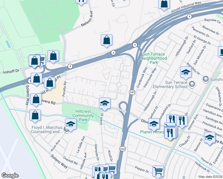 map of restaurants, bars, coffee shops, grocery stores, and more near 3320 Northwood Drive in Concord