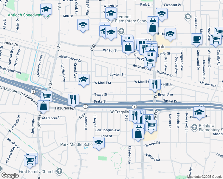 map of restaurants, bars, coffee shops, grocery stores, and more near 2408 Mitchs Lane in Antioch