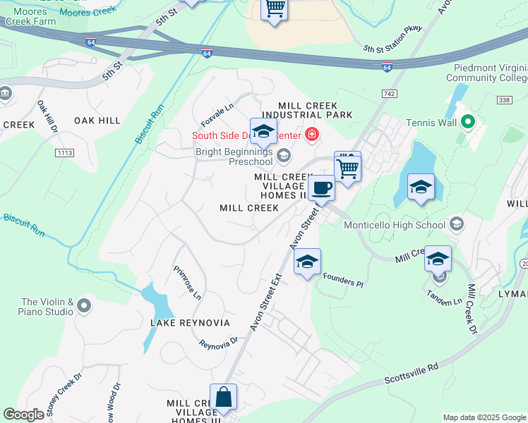 map of restaurants, bars, coffee shops, grocery stores, and more near 1255 Copperstone Drive in Charlottesville