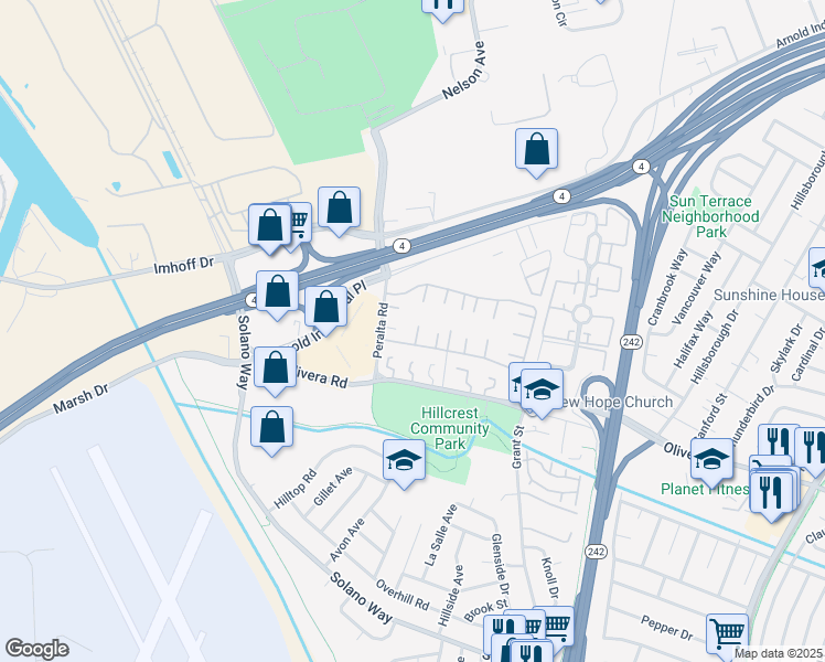 map of restaurants, bars, coffee shops, grocery stores, and more near 2007 Dalis Drive in Concord