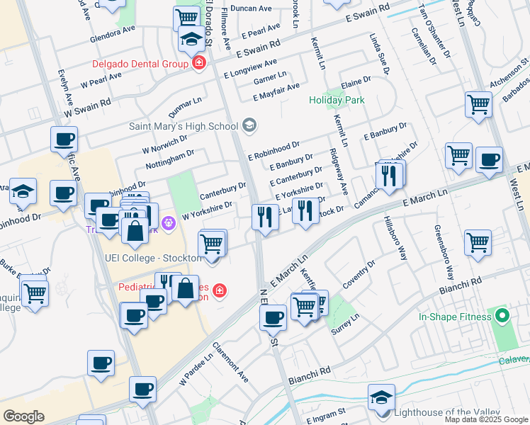map of restaurants, bars, coffee shops, grocery stores, and more near 219 East Lancaster Drive in Stockton