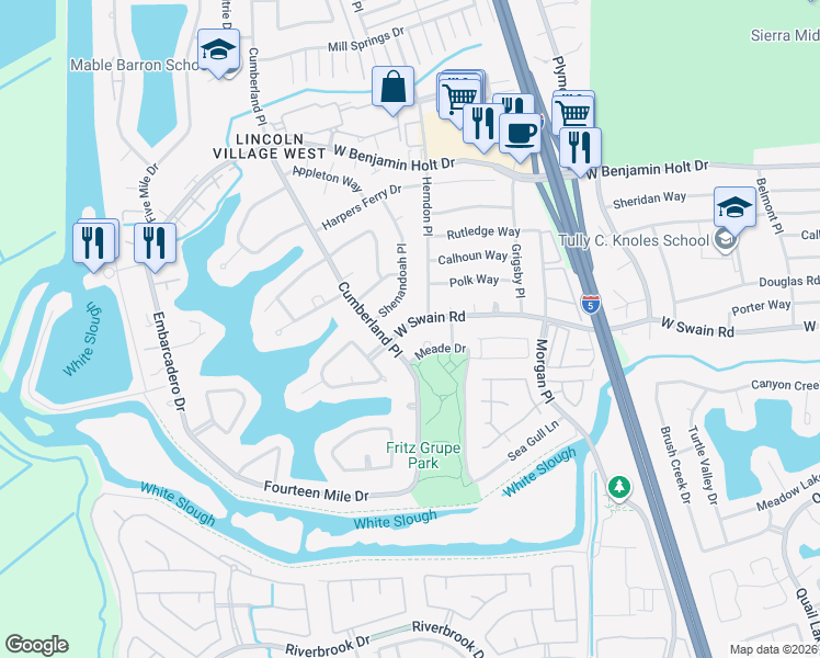 map of restaurants, bars, coffee shops, grocery stores, and more near 6046 Cumberland Place in Stockton