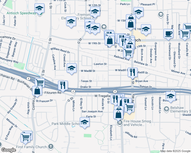 map of restaurants, bars, coffee shops, grocery stores, and more near 500 Texas Street in Antioch