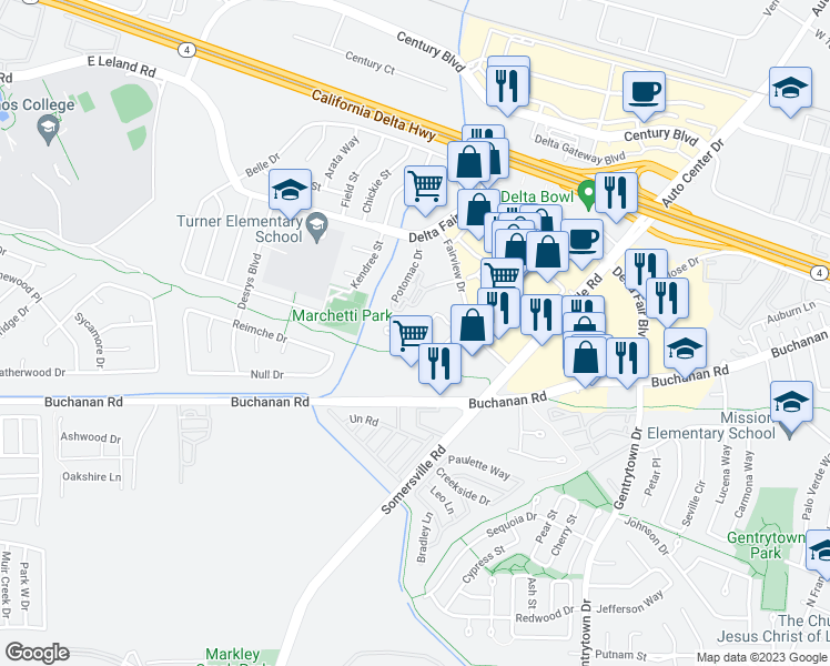 map of restaurants, bars, coffee shops, grocery stores, and more near 3421 Hudson Court in Antioch