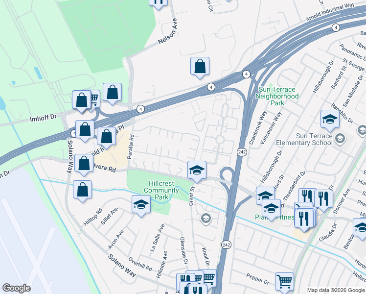 map of restaurants, bars, coffee shops, grocery stores, and more near 2149 Dalis Drive in Concord