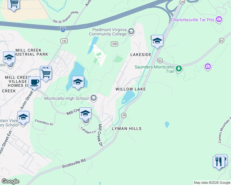 map of restaurants, bars, coffee shops, grocery stores, and more near 1425-1435 Willow Lake Drive in Charlottesville