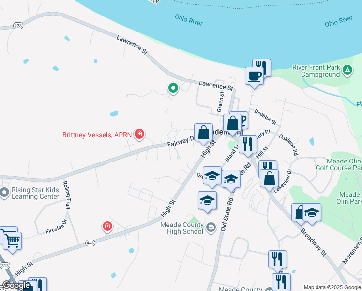 map of restaurants, bars, coffee shops, grocery stores, and more near 808 Allen Court in Brandenburg
