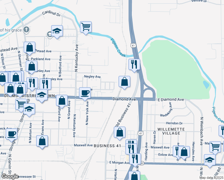 map of restaurants, bars, coffee shops, grocery stores, and more near 1220 East Diamond Avenue in Evansville