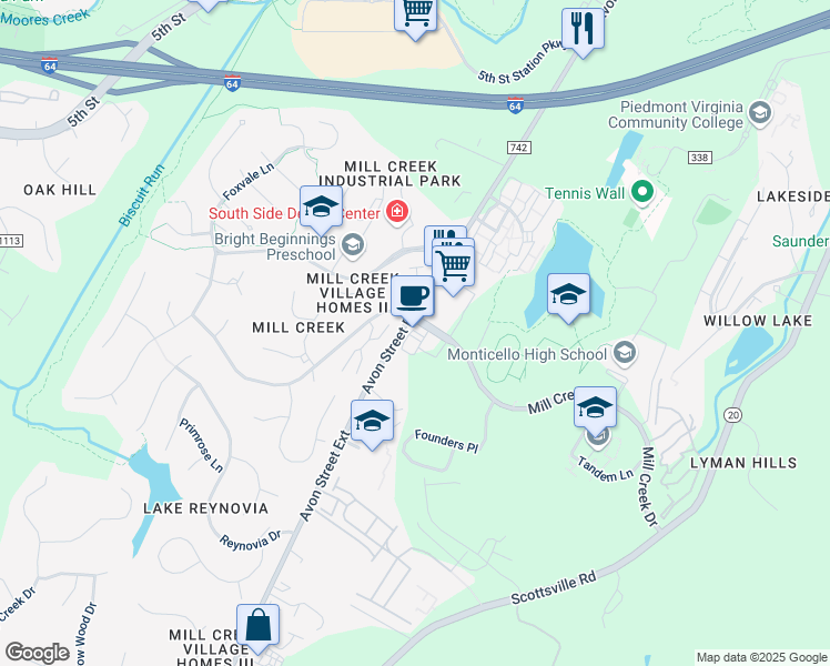 map of restaurants, bars, coffee shops, grocery stores, and more near 1345 Parham Circle in Charlottesville