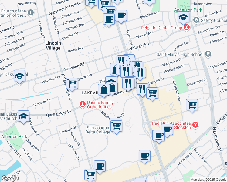 map of restaurants, bars, coffee shops, grocery stores, and more near in Stockton